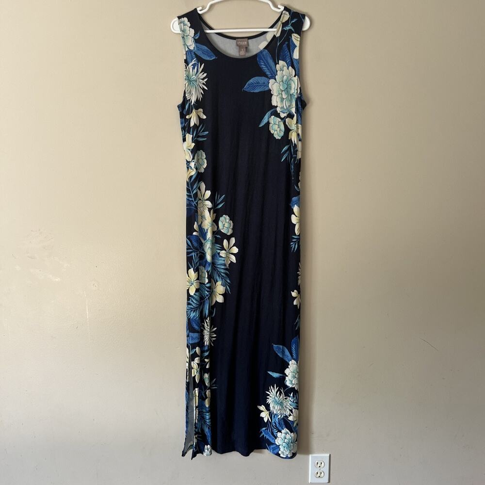 Chicos Sleeveless Maxi Dress Blue floral Hawaiian Print Size 1